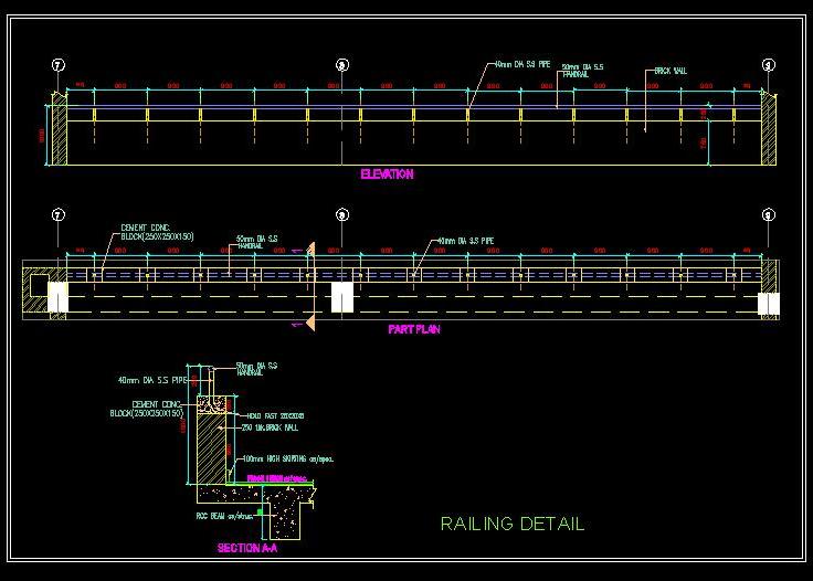 Boundary Wall CAD Drawing- Brick and MS Pipe with Handrail